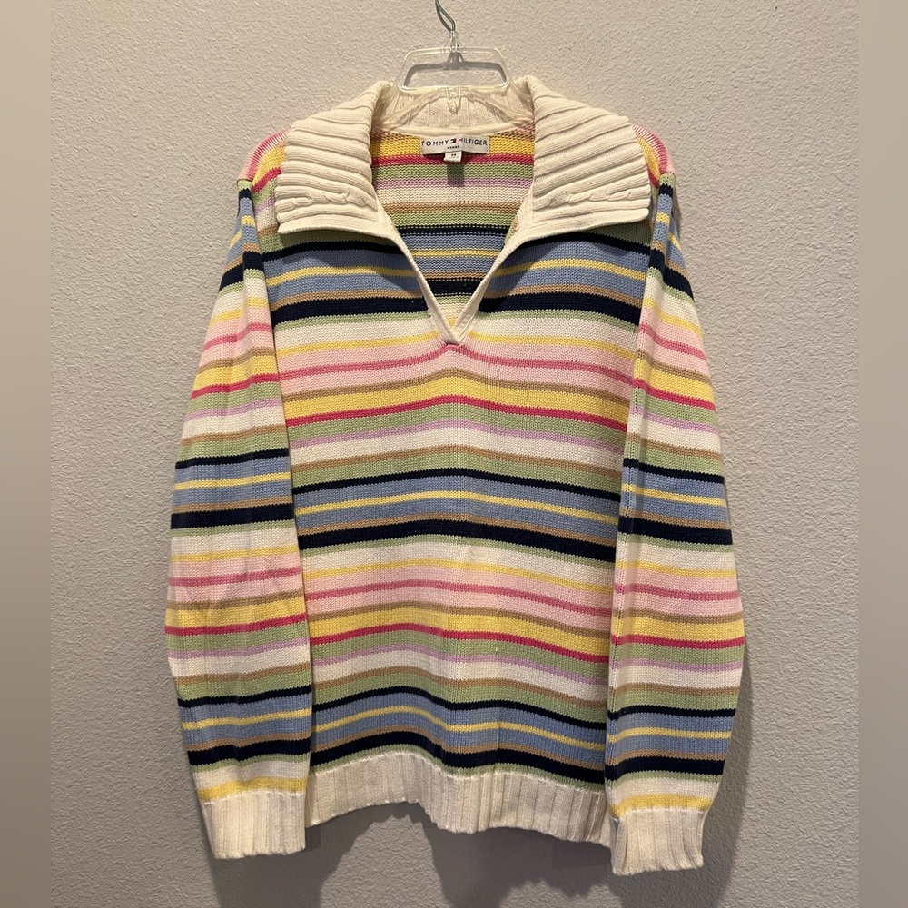 VTG Y2K Tommy Hilfiger Sweater Cream Multicolor Stripes Wide Collar Cotton Sz 2X